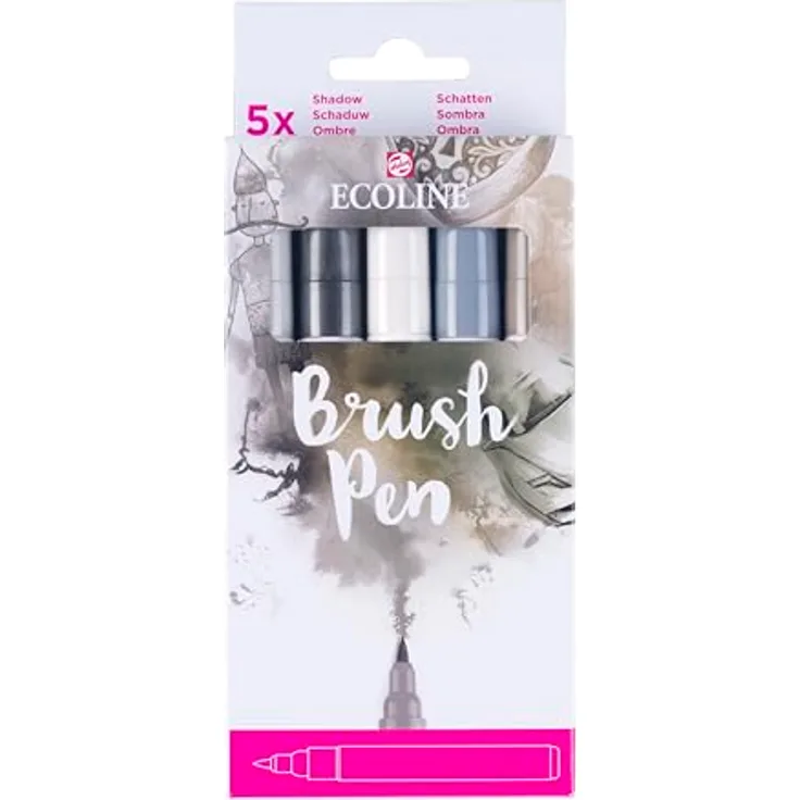 Ecoline Brush Pen-Set, 5 flüssige Aquarellstifte in Graufarbtönen – Mischbare Pinselstifte für Handlettering und Zeichnen