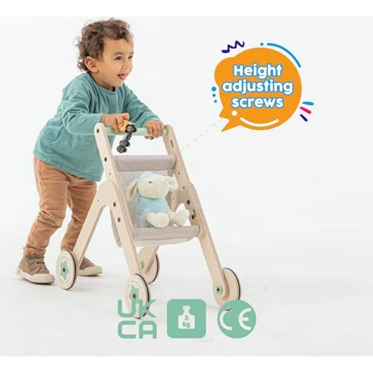 Mamatoyz 04TSTR Triio Kinderwagen, Spielzeug-Kinderwagen für Puppen aus natürlichem Birkensperrholz, Gehhilfe für erste Schritte zum Laufenlernen mit verstellbaren Rädern – Bild 5