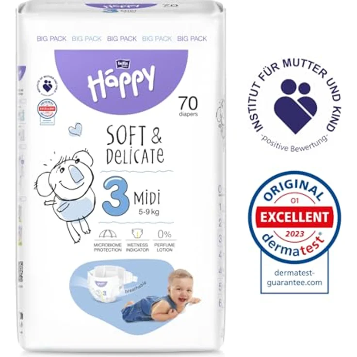 BELLA Baby Happy Soft&Delicate Size 3 Midi Einwegwindeln, für 5-9 kg, 70 St., schnelle Absorption, atmungsaktiv, dermatologisch getestet – Bild 2