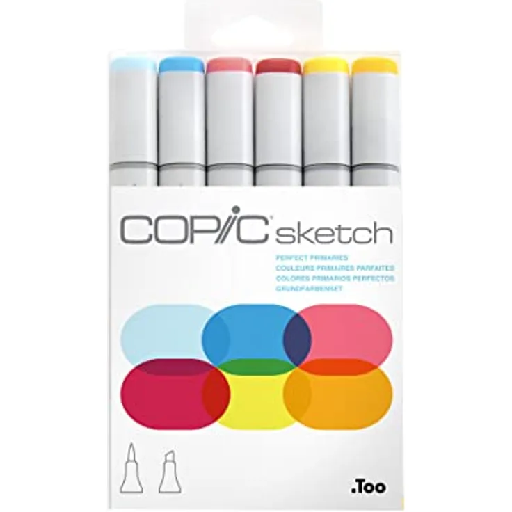 COPIC Sketch Marker Set "Perfect Primaries" mit 6 Farben, professionelle alkoholbasierte Pinselmarker mit einer flexiblen und einer mittelbreiten Spitze