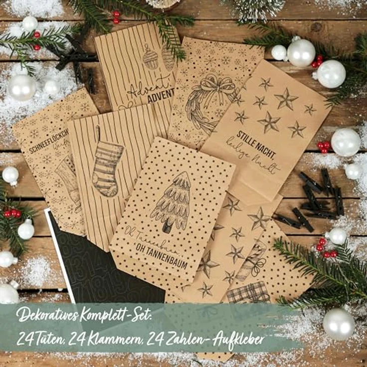 PAPIERDRACHEN Extravaganter Adventskalender zum Befüllen - mit 24 braunen Geschenktüten und 24 Zahlenaufklebern - Motiv Christmas - zum Basteln und Verschenken - Weihnachten & Advent – Bild 5