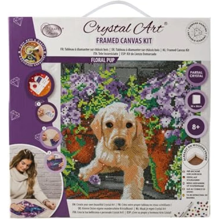 CRYSTAL ART Gerahmtes Set Blumenwelpe, 30 x 30 cm, Diamant-Malerei für Kinder ab 8 Jahren, selbstklebende Designvorlage – Bild 1