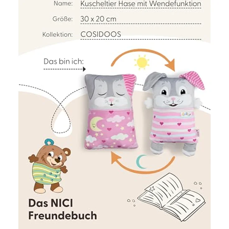 NICI Cosidoo Kuscheltier Hase mit Wendefunktion, 30x20cm, grau – Weiches Plüschtier mit Stauraum für Schätze, ideal zum Kuscheln und Spielen für Zuhause und unterwegs – 62294 – Bild 5