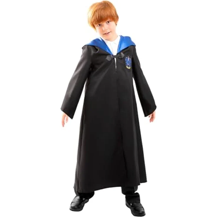 Metamorph Harry Potter Ravenclaw Umhang für Kinder, schwarzer Kapuzenumhang mit blauer Innenseite und aufgesticktem Emblem, Größe 122-128 – Bild 1