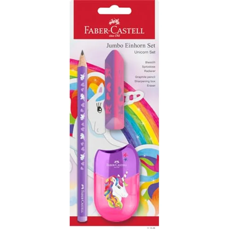 Faber-Castell Jumbo Bleistiftset Einhorn, 2x HB Bleistifte mit bruchgeschützter Mine, lila, inkl. Radierer und Spitzer – Bild 2