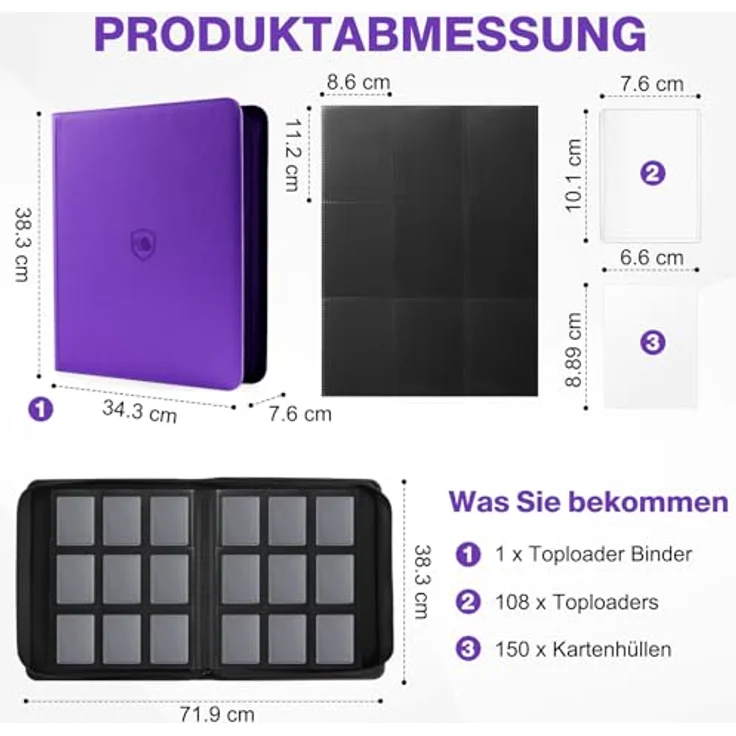 khlerox Toploader Sammelkarten Album für 360 Karten, inklusive 108 Toploaders und 150 Kartenhüllen, wasserabweisend, schwarz – Bild 2