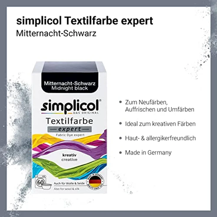 simplicol Textilfarbe expert Mitternacht-Schwarz 1718 - Zum Umfärben und Auffrischen von Kleidung, Waschmaschinenfest, für Baumwolle, Wolle, Seide, Leinen, Viskose & Mischgewebe – Bild 3