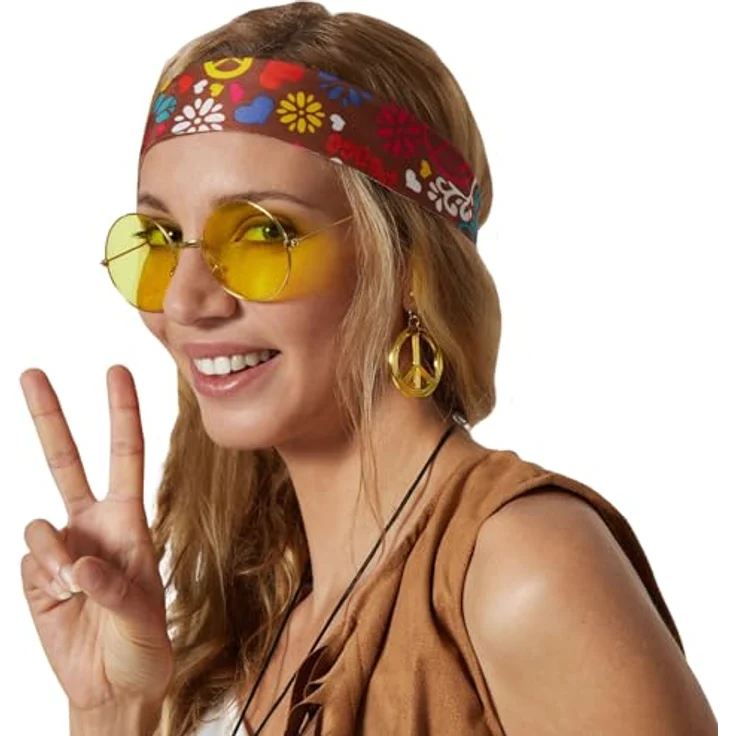 dressforfun Hippie Kostüm Set, 60er Jahre Kostüm, 70er Mode, Hippie Damen, Schlaghose, Flower Power, Fransenweste - Braun, Größe M – Bild 4