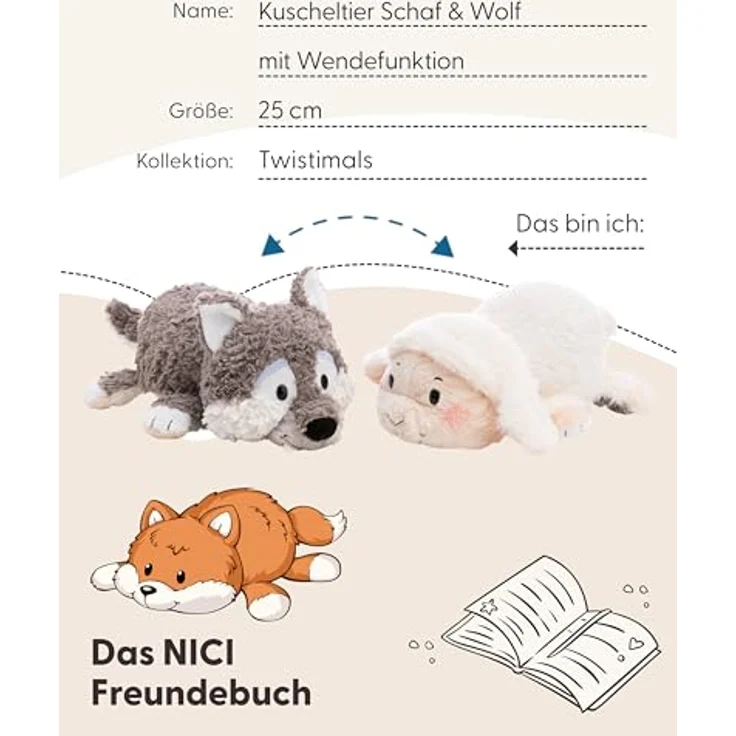 NICI Kuscheltier Schaf und Wolf, 25 cm Wendefunktion Plüschtier aus flauschigem Plüsch – Bild 6