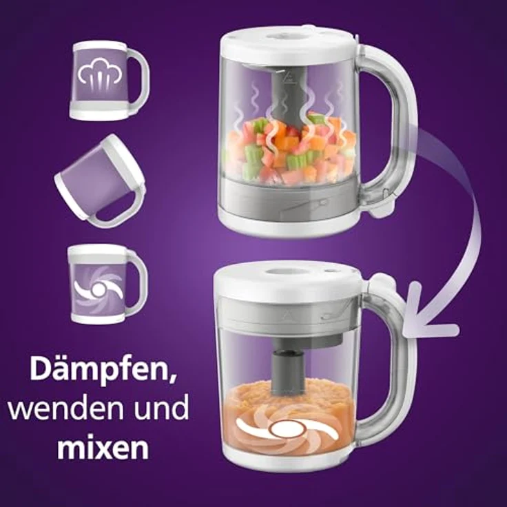 Philips Babynahrungszubereiter SCF883/20, 4-in-1 Dampfgarer und Mixer mit 10 Bechern, 400 W, weiß – Bild 3