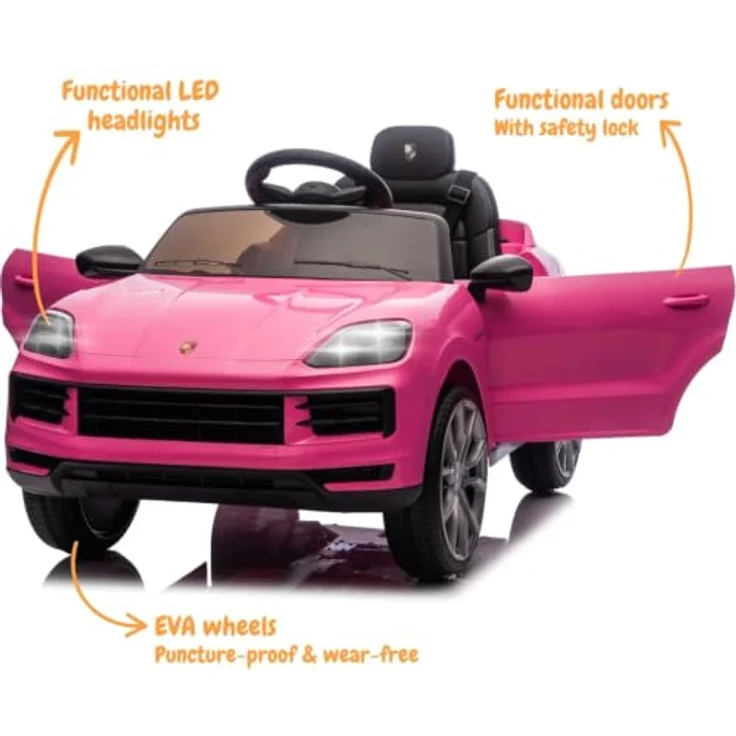 Vrooomy Porsche Cayenne Kinder Elektroauto 12V mit Fernbedienung, Rosa, für 1 bis 5 Jahre mit MP3-Player, LED-Scheinwerfern und Sicherheitsgurt – Bild 3