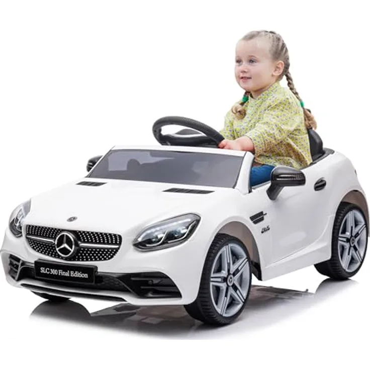 sun baby Mercedes Kinder Elektroauto, Elektro Kinderauto für 3-Jährige, 2x30W Motorleistung, Lenkrad mit Sound, Sicherheitsgurte (Weiß)