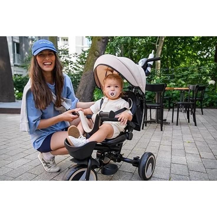 MoMi IVI 3-in-1 Kinderdreirad, beige, mit 360° drehbarem Sitz, Schiebestange & Sonnendach, 3-Punkt-Gurt, PU-Räder – Bild 16