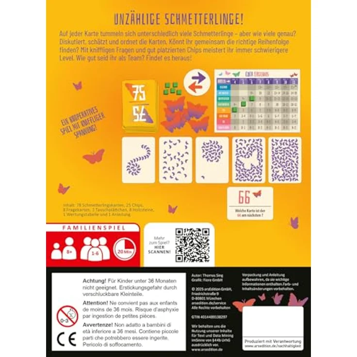 Ars Edition Schmetterlinge schätzen, Familienspiel - Kartenspiel für 3-6 Spieler, ab 8 Jahre, 30 Minuten Spielzeit, Gelb – Bild 3