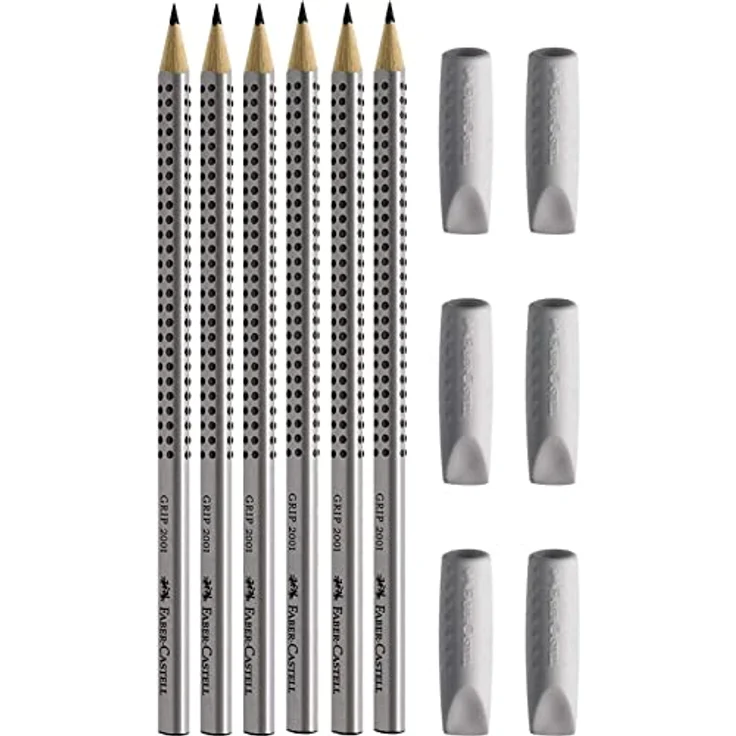 Faber-Castell Bleistift Grip 2001 HB in Silber, 6er-Packung mit 6 Radierkappen – Bild 1