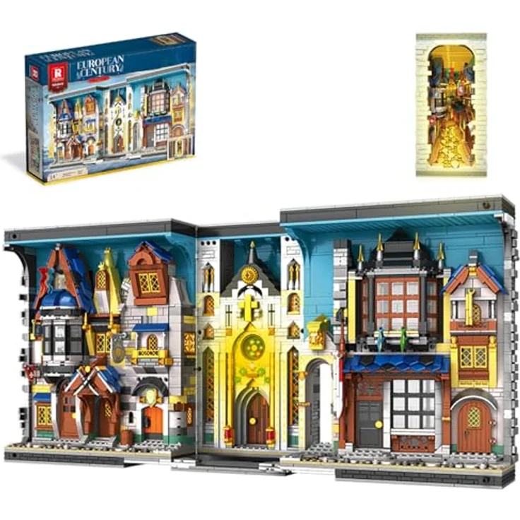 Reobrix Mittelalterliche Architektur Buchstütze Bausatz 66026, mit LED-Licht, 2687 Teile, DIY Dekoration für Bücherregal und Miniaturstadt-Modell – Bild 1