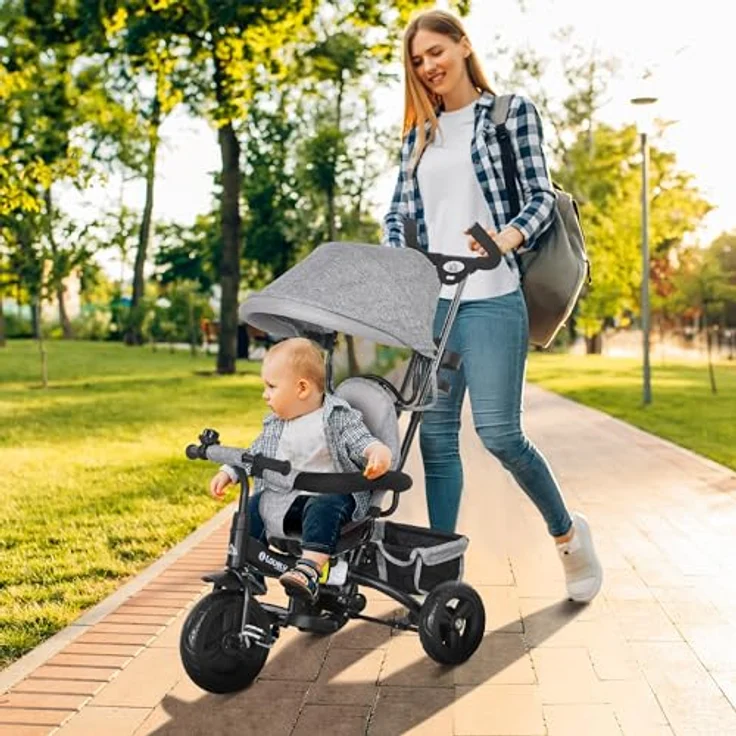 HOMCOM Dreirad 6-in-1 Kinderdreirad mit Schiebestange, Dach, Gurt, Ablagekorb, für 12-60 Monate, Grau – Bild 2