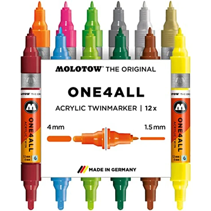 MOLOTOW Permanentmarker ONE4ALL Acrylic Twin Basic-Set 2, nachfüllbar, wasserfest, 12er Stiftebox in verschiedenen Farben – Bild 2