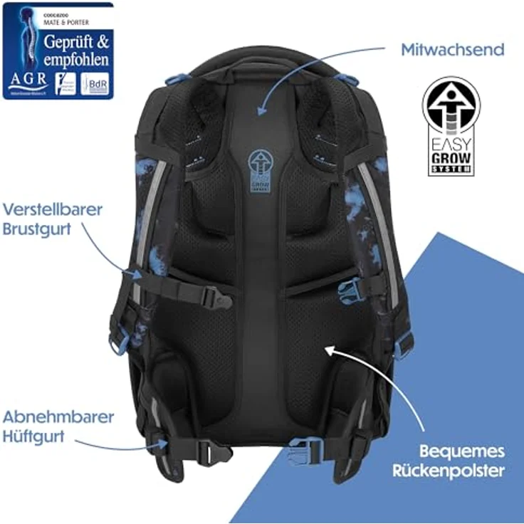 Coocazoo Schulrucksack Porter „Midnight Dust”, ergonomischer Tornister, höhenverstellbar, 30-35 Liter Stauraum, schwarz-blau, mit Brust- und Hüftgurt, ab der 3. Klasse – Bild 4