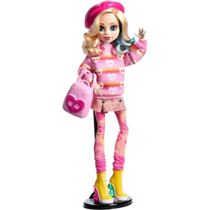 Mattel® Anziehpuppe Monster High x Wednesday Enid Doll, quirlige Mitbewohnerin mit gestreiftem Rollkragenpullover und gekräuselten Beinstulpen, pink – Bild 2