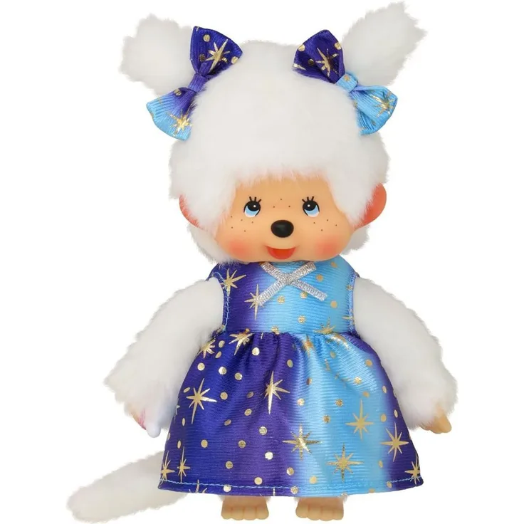 Monchhichi Plüschfigur Mädchen im Sternenlicht-Kleid 20 cm Monchhichi Puppe zwei Zöpfchen, Kuscheltier in Weiß