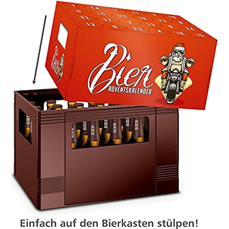 itenga Adventskalender Aufsatz für Bierkasten Männer Adventskalender zum Selber Befüllen Bieradventskalender rot mit Nikolaus auf dem Motorrad – Bild 2