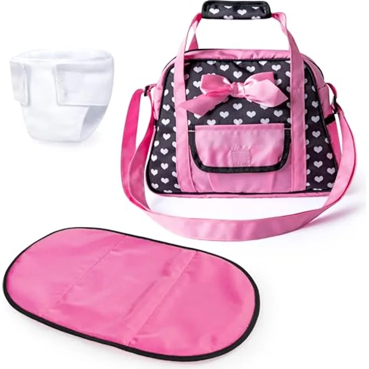 Bayer Design 69060AA Wickeltasche für Puppen, Winkelunterlage, Stoffwindel, Schwarz, Rosa, Einhornmotiv, verstellbarer Gurt, vielseitig nutzbar