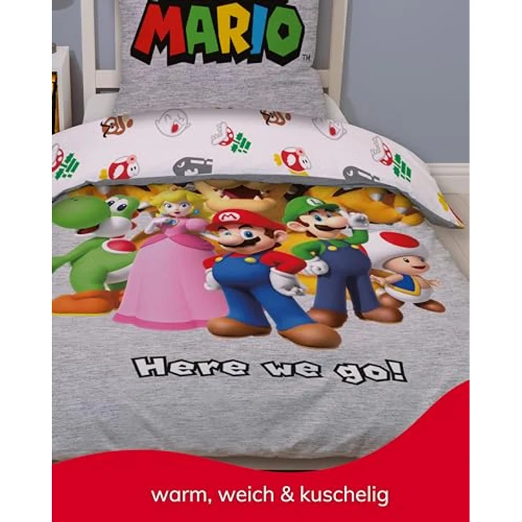 Bettwäsche 135x200 Flanell, Biber, Nintendo Super Mario, kuschelig weich für Winter, 1x Kissenbezug 80x80 + Bettbezug 135x200, 100% Baumwolle, Kinderbettwäsche Gaming – Bild 5