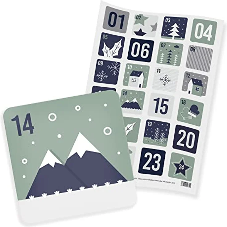 itenga 24x Adventskalenderzahlen Sticker, selbstklebend, blau-grün mit Weihnachtsmotiven, eckig nordic – Bild 1