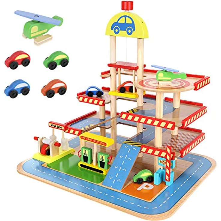 KRUZZEL Parkhaus 3-Ebene Auto Garage aus Holz für Kinder ab 3 Jahren, inklusive 4 Autos und Hubschrauber, mit Autowaschanlage und Tankstelle, Maße 40x50,5x46,5 cm – Bild 1