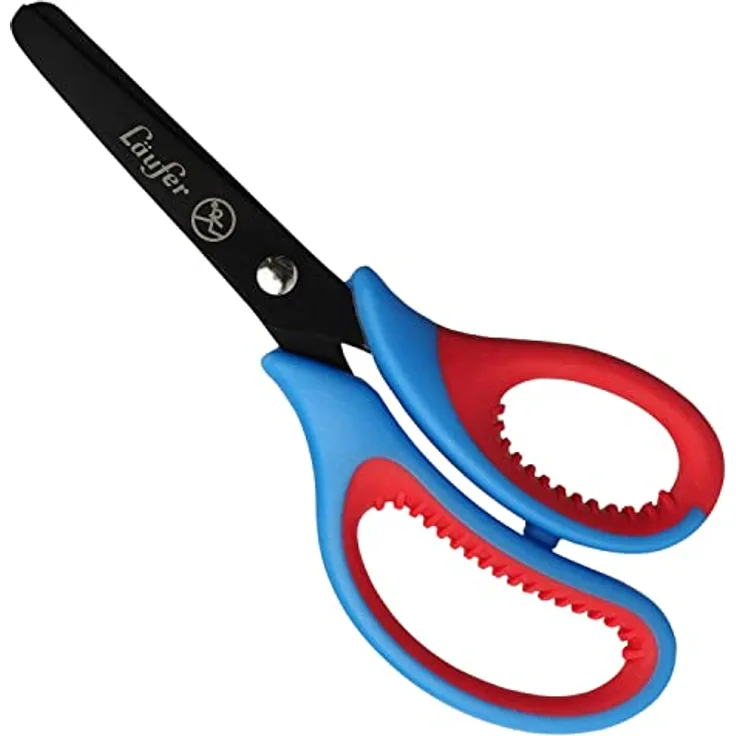 Läufer 87226 Ergonomische Bastelschere für Kinder, rot/blau, mit runder Spitze und Titanbeschichtung, 13 cm lange Schulschere für Rechtshänder