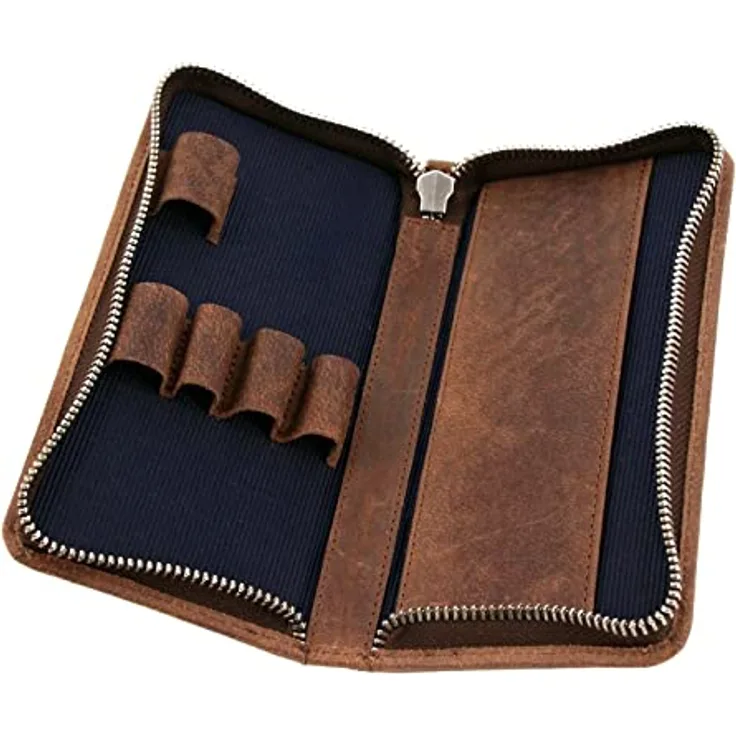 Alassio 2648 Stiftetui aus braunem Leder für 3 Schreibgeräte, kompaktes Etui mit Reißverschluss, Maße ca. 17,5 x 8 x 2,5 cm
