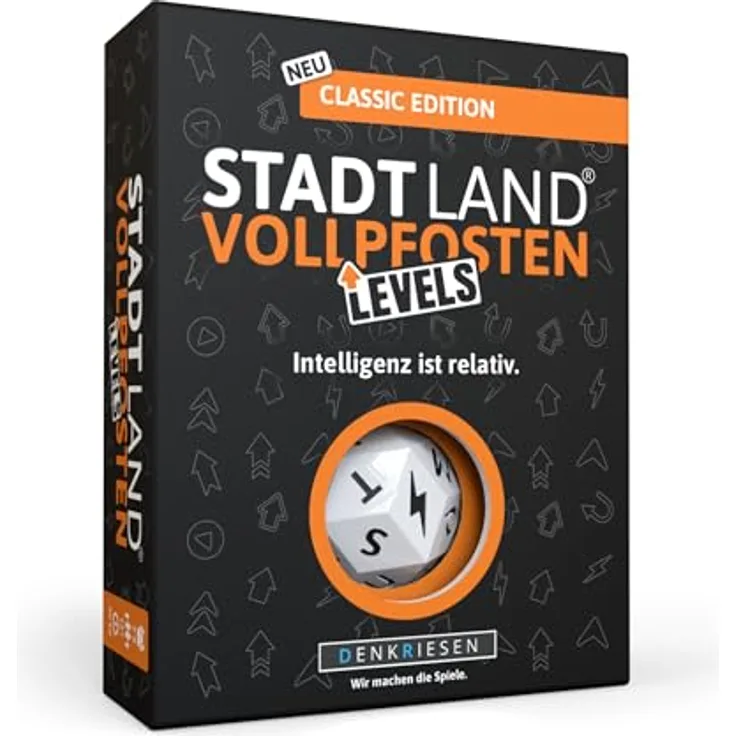 DENKRIESEN - Stadt Land Vollpfosten® Levels – Classic Edition - Inteligenz ist relativ | 60 Karten | Blitzwürfel | Ab 12 Jahren | 30-60min | 2-6 Spieler | Familie | Reisespiel | Stadt Land Fluss