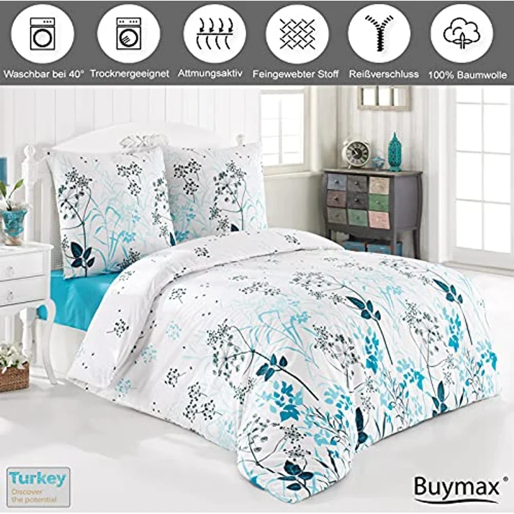 Buymax Bettwäsche 200x200 Baumwolle 3-Teilig Bettgarnitur mit Bettbezug und Kissenbezüge 80x80 Renforce Bettwäsche-Set Botanisch Blätter Zweige, Türkis Weiß Petrol – Bild 2
