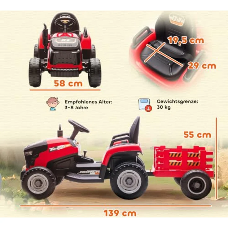 AIYAPLAY Elektrischer Kinder Traktor mit Anhänger, 3-Gang, 2 Motoren, rot, für 3-8 Jahre – Bild 7