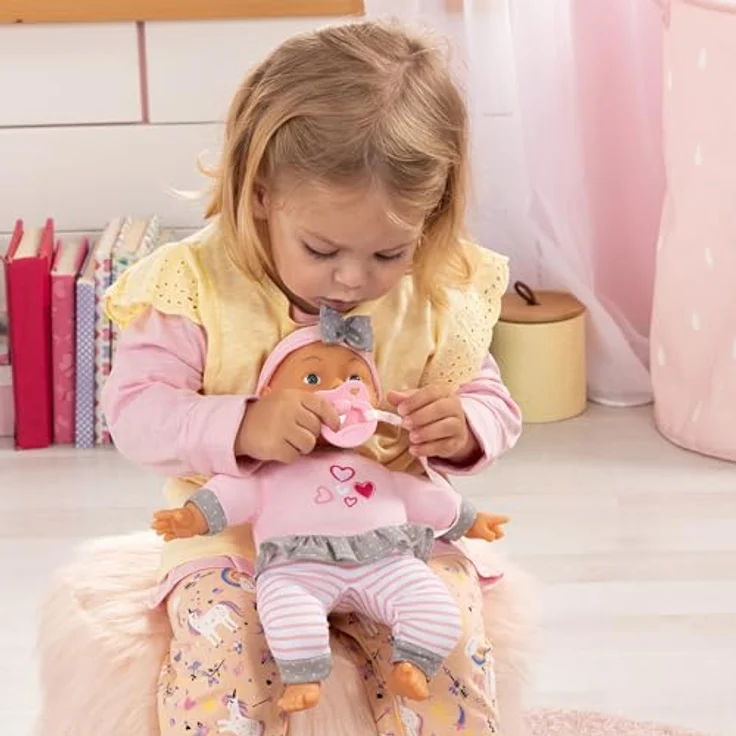 Bayer Babypuppe, 30 cm Weichkörperpuppe in rosa/grau mit Flasche und Schnuller (3-tlg) – Bild 2