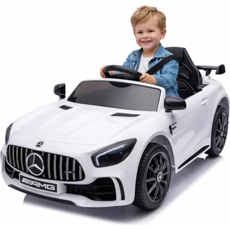 FINOOS Mercedes GTR AMG Elektroauto für Kinder, 12V, mit Fernbedienung, 2 + 1 Geschwindigkeitsstufen, LED, Musik, Bluetooth, weiß – Bild 1