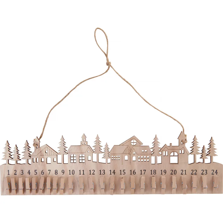 VBS Adventskalender mit Klammern, detailreich verarbeitet, furniertes Sperrholz, Holz, 45 cm, 24 Holz-Klammern, Kirchen-Motive - Tannenbäume - Zahlen