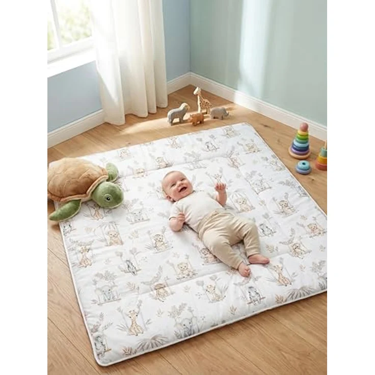 TupTam Krabbeldecke 120x120 cm, Gepolsterte Spieldecke aus Baumwolle, Weich & Hautfreundlich, Farbe: Safari Schaukel Beige, OEKO-TEX, XXL – Bild 3