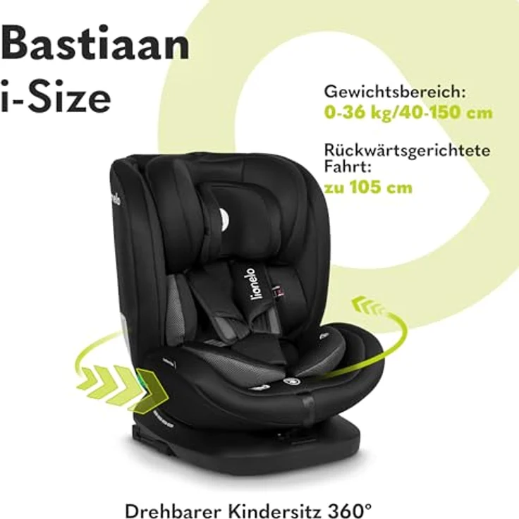 lionelo Autokindersitz BASTIAAN I-SIZE, i-Size / 0-36 kg / Isofix + Top Tether, ab Geburt bis 12 Jahre, grau – Bild 2