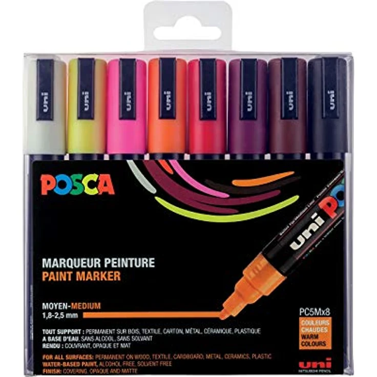 POSCA Mitsubishi Pencil – 8 Marker PC5M – konische Spitze – warme Farben – Marker auf Wasserbasis – für Papier, Textilien, Glas, Kiesel, Holz – Bild 1