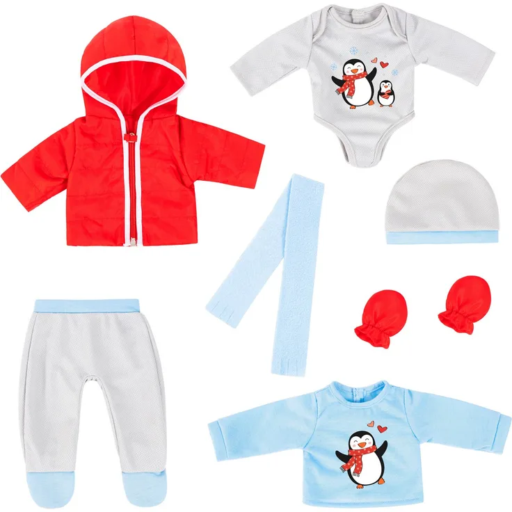 Bayer Puppenkleidung Pullover/Hose 38-42 cm (Set, 7-tlg), Pinguinmotiv, fröhlich bunt