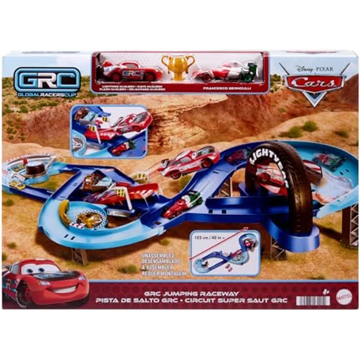 Mattel Disney und Pixar Cars GRC Sprung-Rennstrecke Trackset mit 2 Spielzeugautos, Lightning McQueen und Francesco Bernoulli, manuellem Beschleuniger, HXJ32 – Bild 5