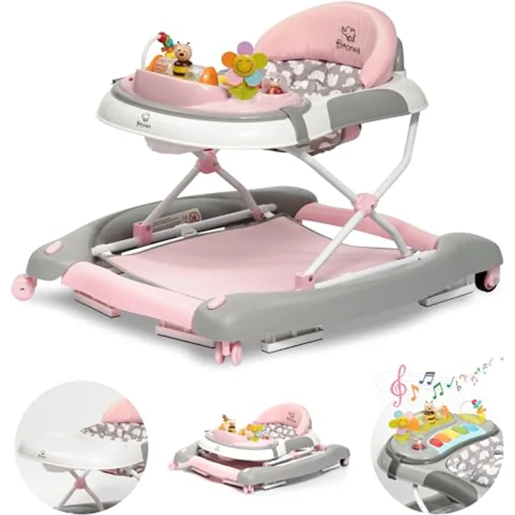 Bronea BRONEA® 4-in-1 Gehfrei Babywalker ab 6 Monate | Lauflernwagen mit Schaukelfunktion und Spielpaneel mit Musik | Höhenverstellbare und Klappbar | Lauflernhilfe mit leisen Rollen und Bremsen
