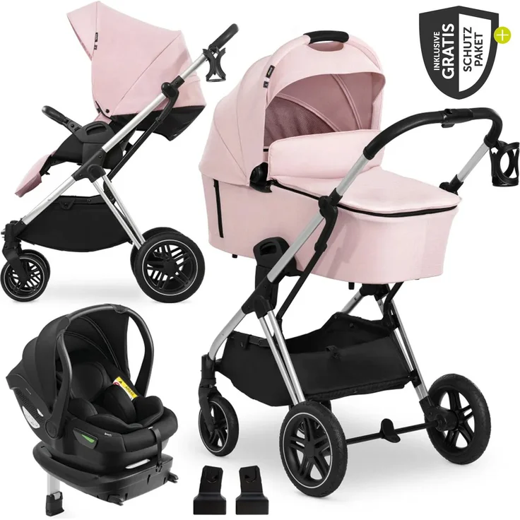 Hauck 4in1 Kinderwagen-Set Vision X Trio Set, inkl. i-Size Babyschale & Isofix Base, Melange Rose, XXL Zubehörset & Gratis Mobilitätsgarantie