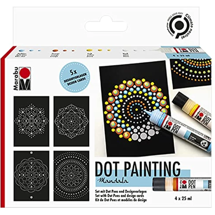 Marabu Dot Pen Set "Mandala", 4 x 25 ml punktfarbige Wasserbasis, matt & erhaben, in Hellblau, Orange, Gelb und Weiß für Dotting-Technik – Bild 1