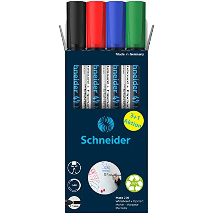 Schneider Maxx 290 Whiteboard- und Flipchart-Marker, farbsortiert, 2,0 - 3,0 mm, 4 St., schwarz, blau, rot, grün – Bild 8