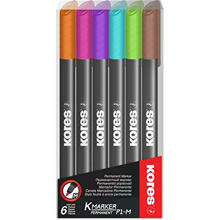 Kores - K-Marker P1: Bunte Permanent Marker Stifte, Dünne Faserspitze mit wasserfester und nahezu geruchsfreier Tinte, für alle Oberflächen, Packung von 6 sortierten Farben