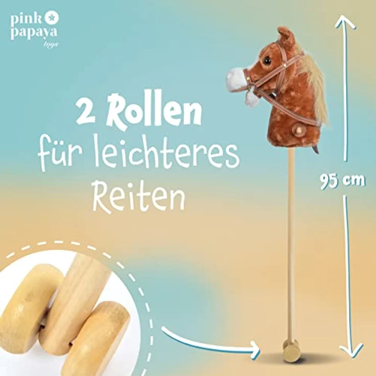 Pink Papaya Steckenpferd, Mr. Brownie, süßes Spielzeug Pferd aus Plüsch mit Sound Funktion Gewieher und Galoppgeräusch - Farbe: braun mit Blonder Mähne – Bild 6