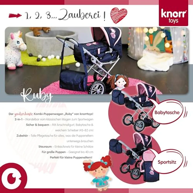 Knorrtoys Puppenwagen Ruby - Princess Blue, umbaubar zum Sportwagen, höhenverstellbarer Schieber 34-62 cm, für Puppen bis 40 cm – Bild 5